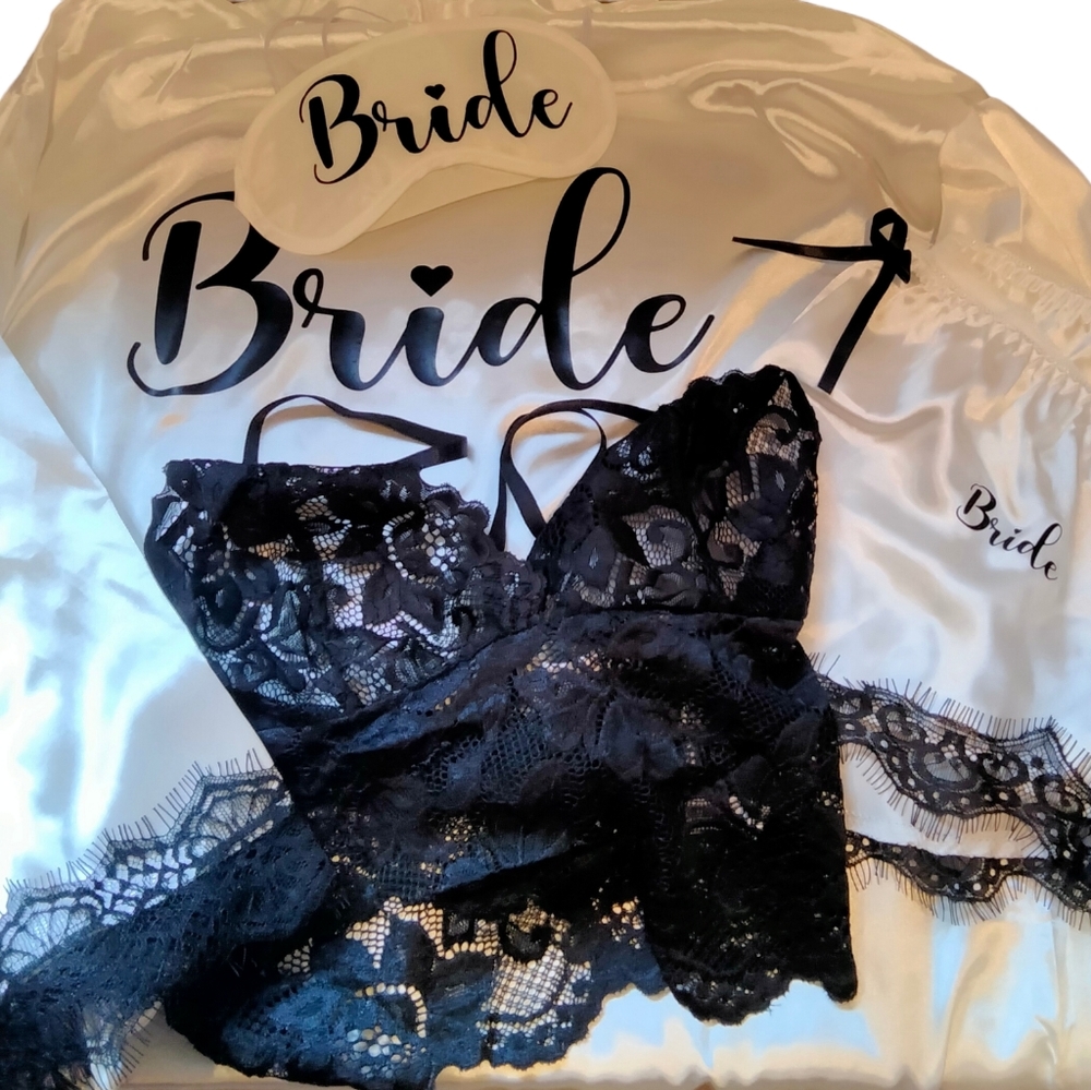 Bride 4 Piece Satin & Lace Robe Set with Panty, Cami & Sleep Mask Sizes S,M,L